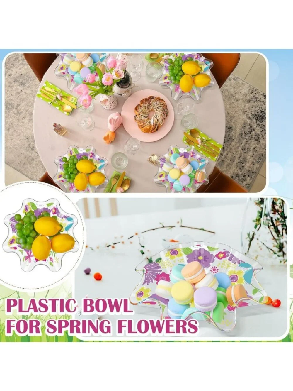 4 Pcs Floral Plastic Bowls - 8 Inch Daisies & Wildflowers, Reusable Snack